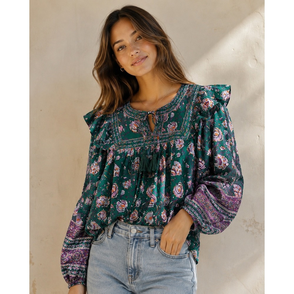 Cleobella Green Floral Ruffle Tassel Boho Blouse Top Long Sleeve Cutout Back M